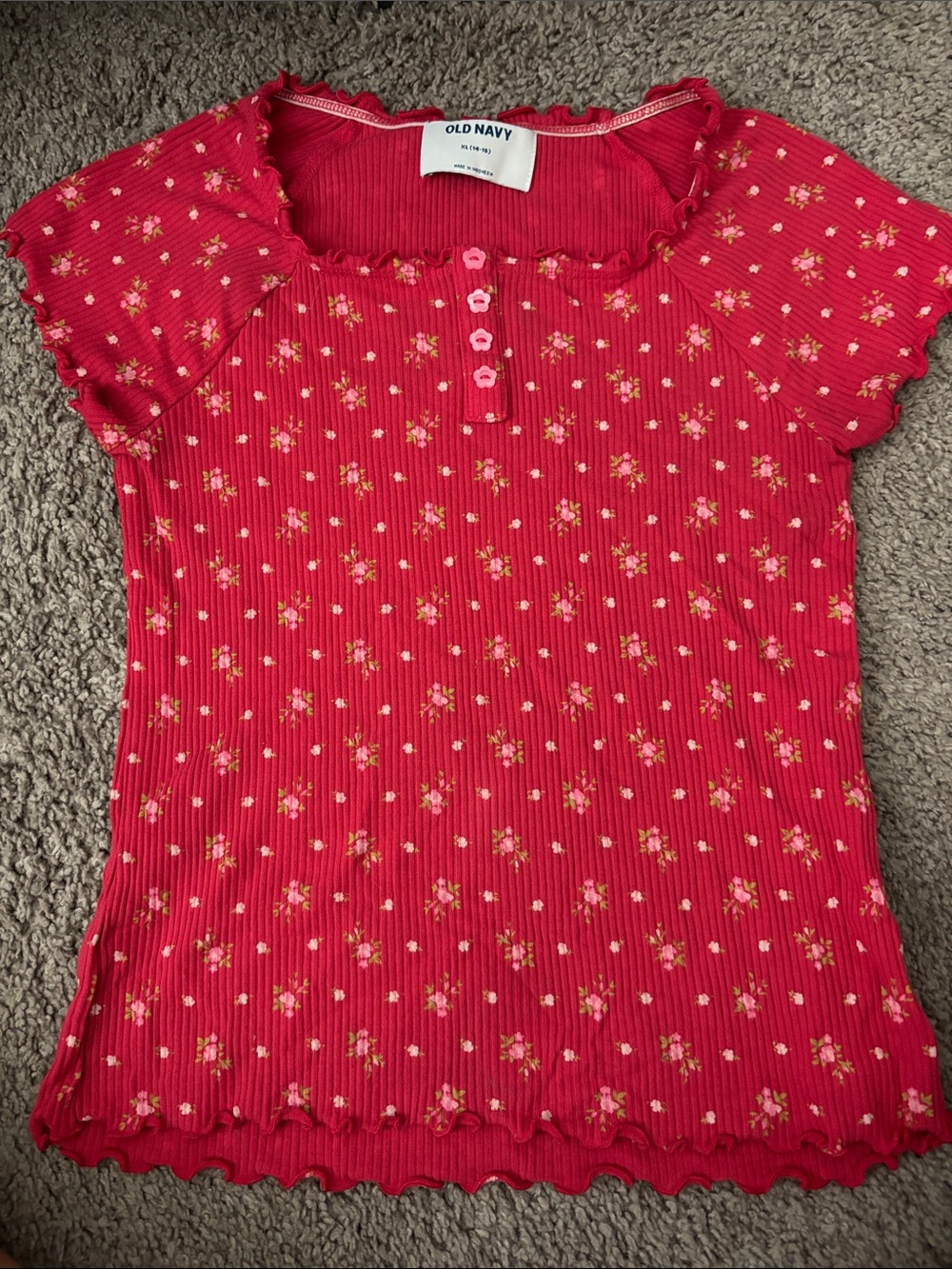 Old Navy Coral-Red Floral Ribbed Tee